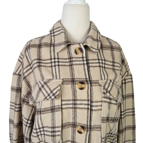 Motel Marcella Shirt Jacket Shacket Light Tan Plaid Flannel Womens S - Picture 2 of 7